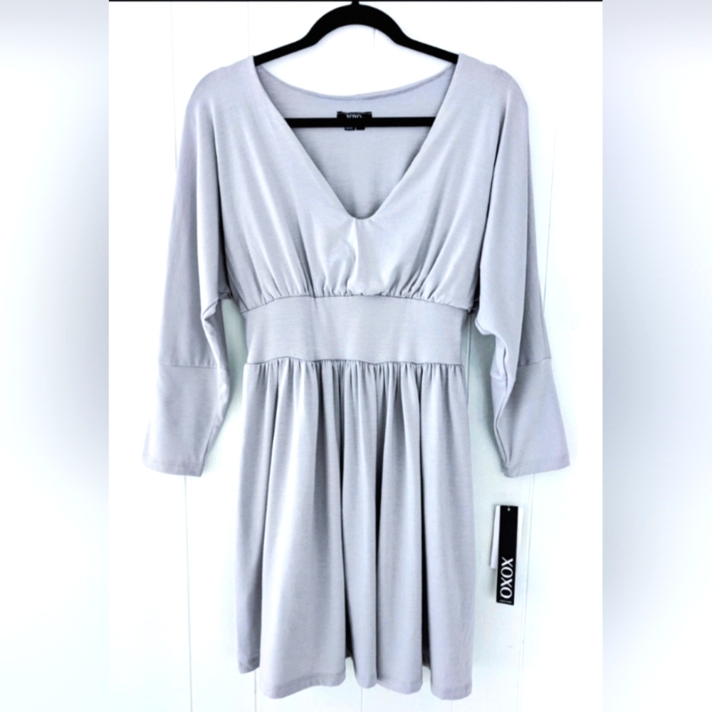 XOXO Y2K Chic Babydoll Mini Dress XL Smokey Lavender Smocked V Neck Long Sleeve